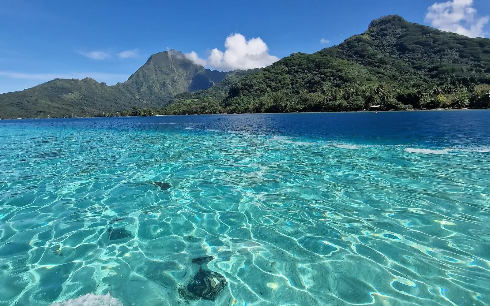 清澈的绿松石色浅水区覆盖着浅色沙地，身后是深蓝色海水与绿色火山峰
